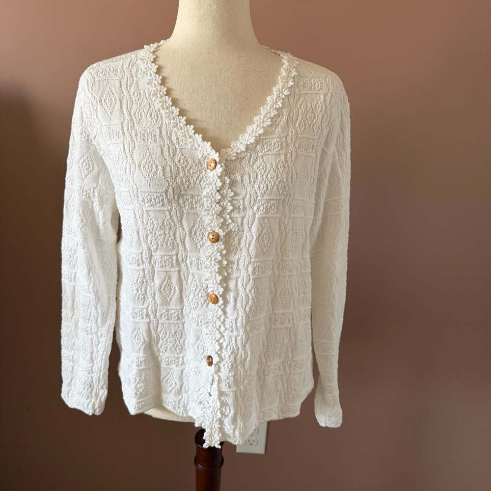 Greek Knitwear 100% Bambaki Cotton White Crochet Trim Diamond Texture Cardigan